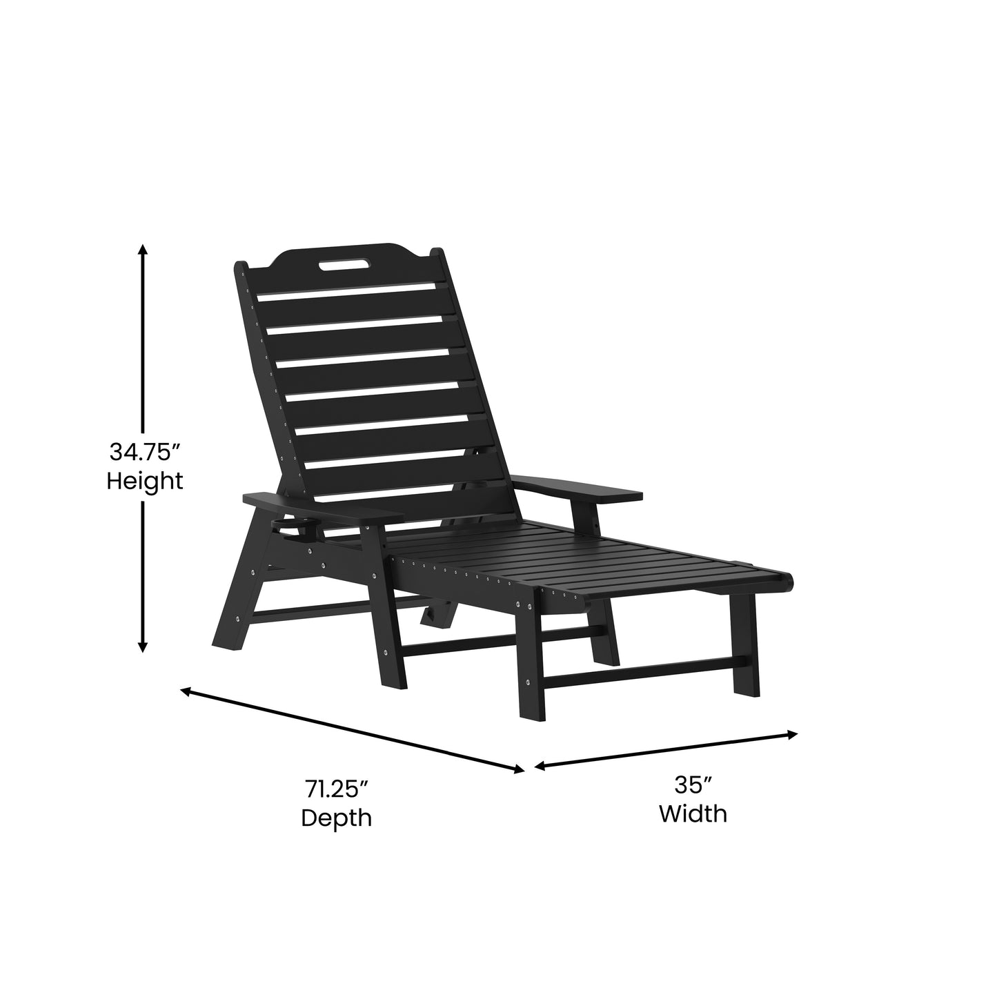 Monterey Commercial Grade 3-Piece Indoor/Outdoor Adirondack Set with 2 Adjustable HDPE Loungers with Cup Holders and Folding Side Table in Black Black
