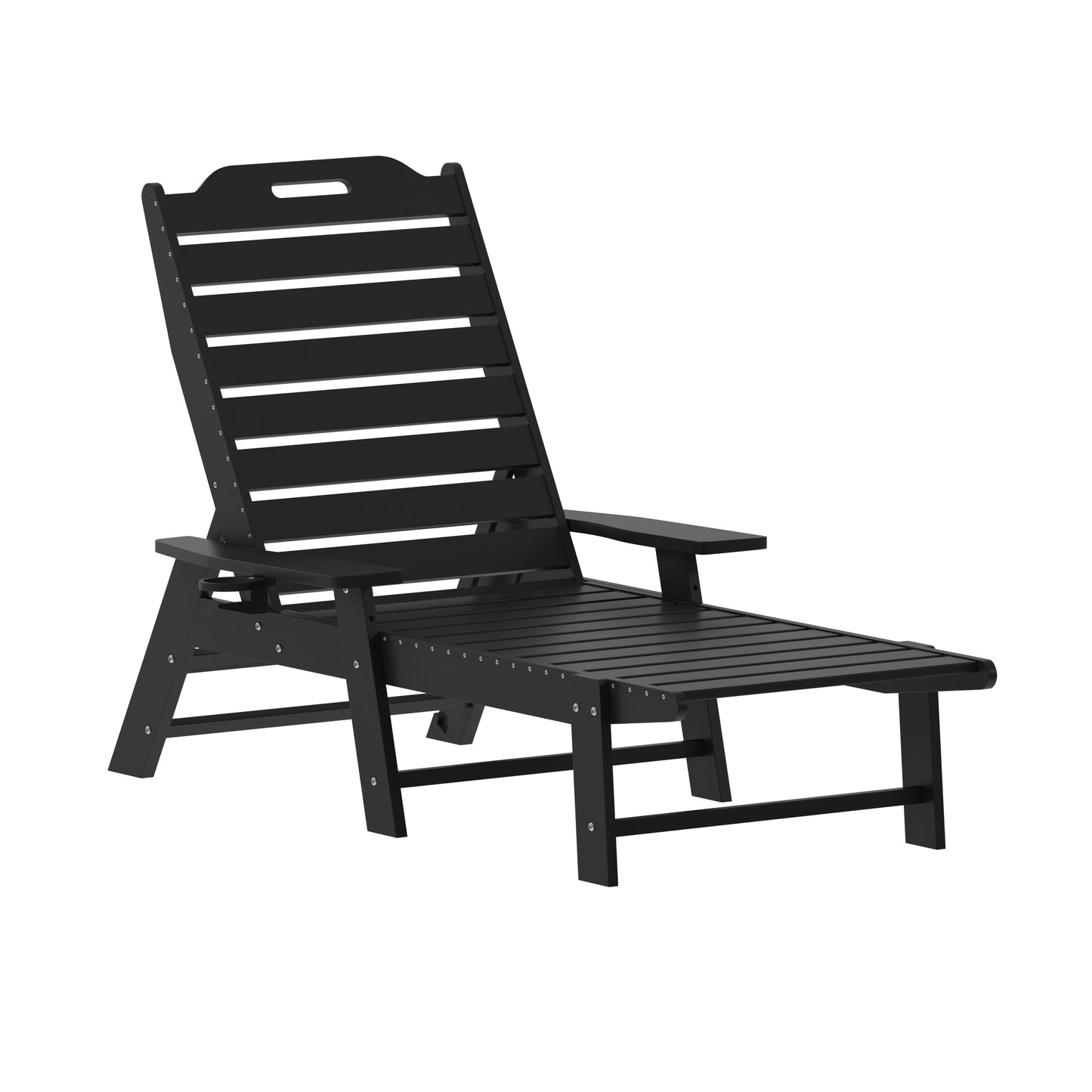 Monterey Commercial Grade 3-Piece Indoor/Outdoor Adirondack Set with 2 Adjustable HDPE Loungers with Cup Holders and Folding Side Table in Black Black