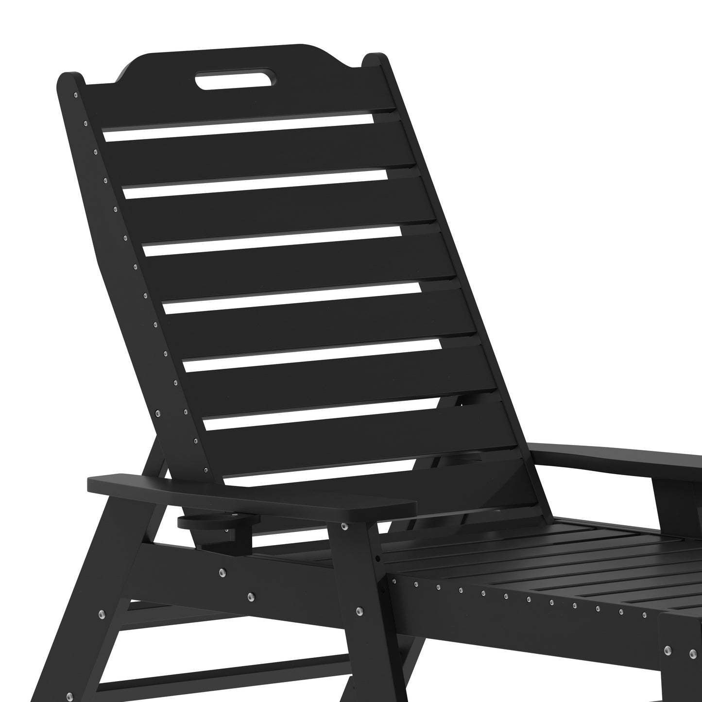 Monterey Commercial Grade 3-Piece Indoor/Outdoor Adirondack Set with 2 Adjustable HDPE Loungers with Cup Holders and Folding Side Table in Black Black