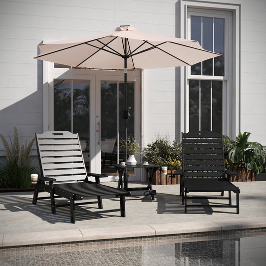 Monterey Commercial Grade 3-Piece Indoor/Outdoor Adirondack Set with 2 Adjustable HDPE Loungers with Cup Holders and Folding Side Table in Black Black