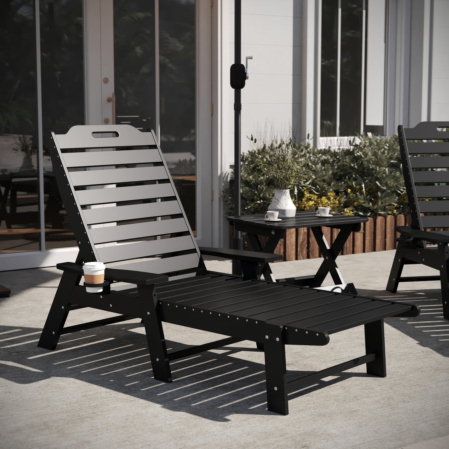 Monterey Commercial Grade 3-Piece Indoor/Outdoor Adirondack Set with 2 Adjustable HDPE Loungers with Cup Holders and Folding Side Table in Black Black