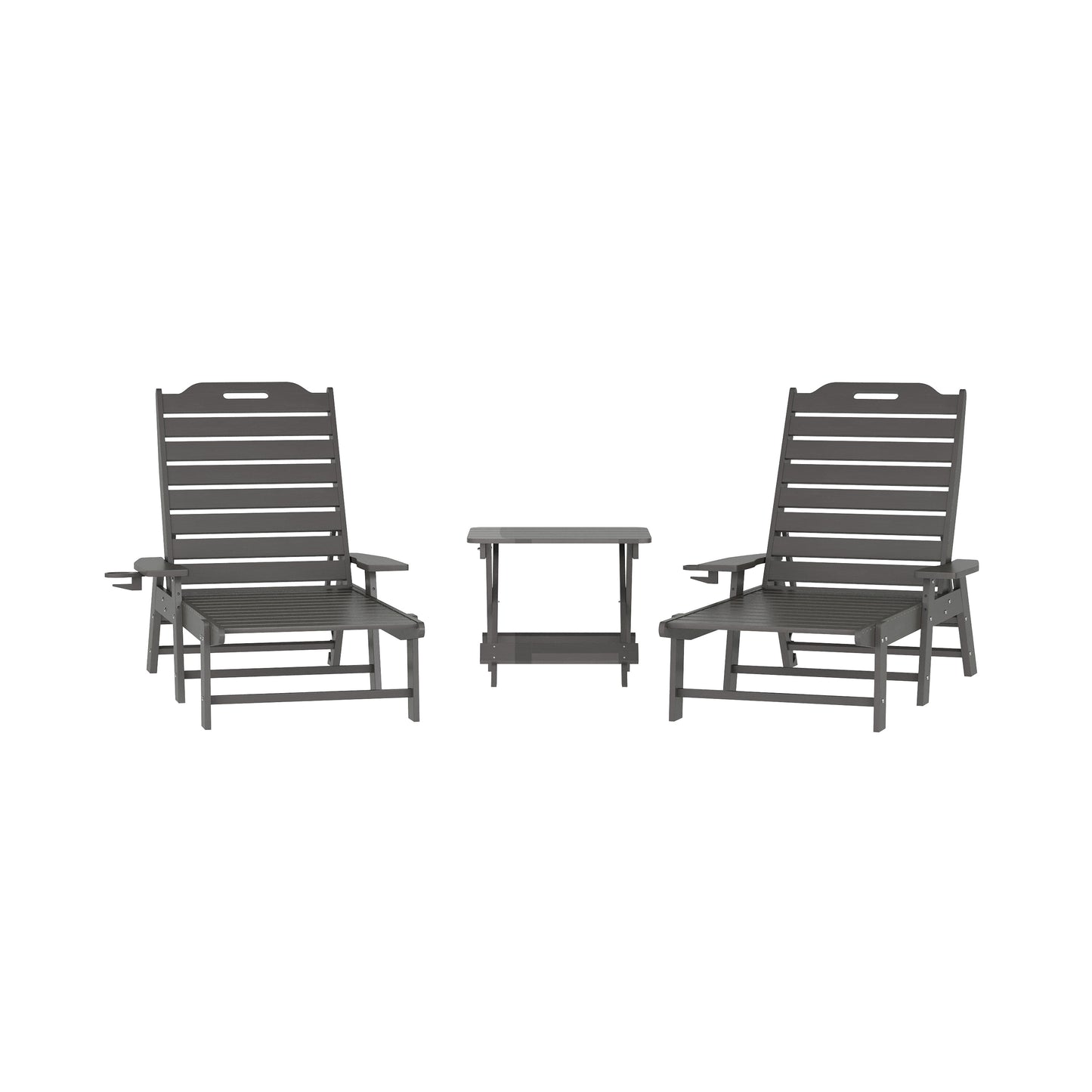 Monterey Commercial Grade 3-Piece Indoor/Outdoor Adirondack Set with 2 Adjustable HDPE Loungers with Cup Holders and Folding Side Table in Gray Gray