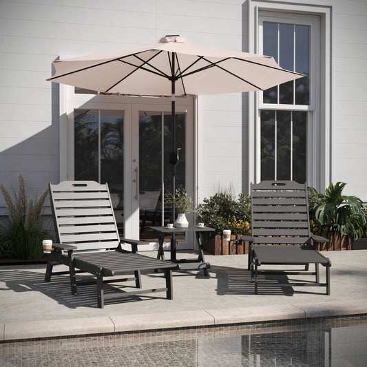 Monterey Commercial Grade 3-Piece Indoor/Outdoor Adirondack Set with 2 Adjustable HDPE Loungers with Cup Holders and Folding Side Table in Gray Gray