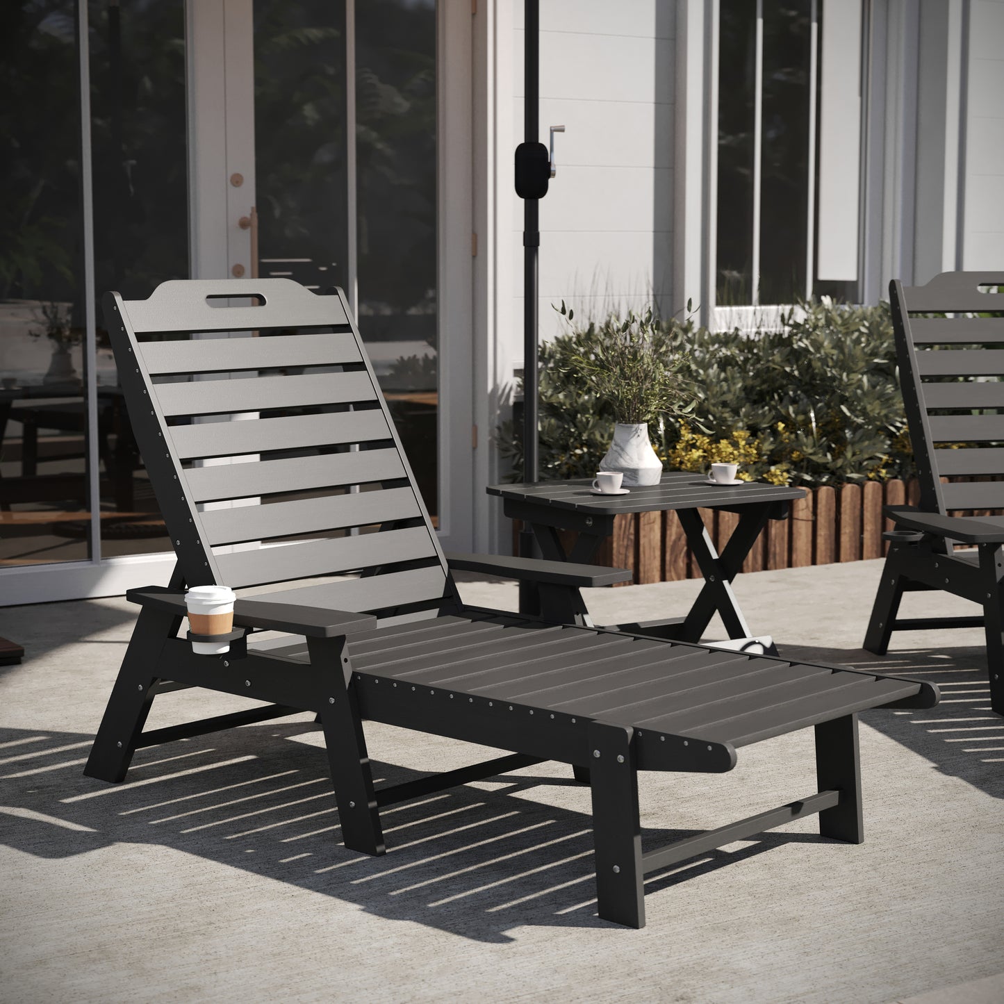Monterey Commercial Grade 3-Piece Indoor/Outdoor Adirondack Set with 2 Adjustable HDPE Loungers with Cup Holders and Folding Side Table in Gray Gray