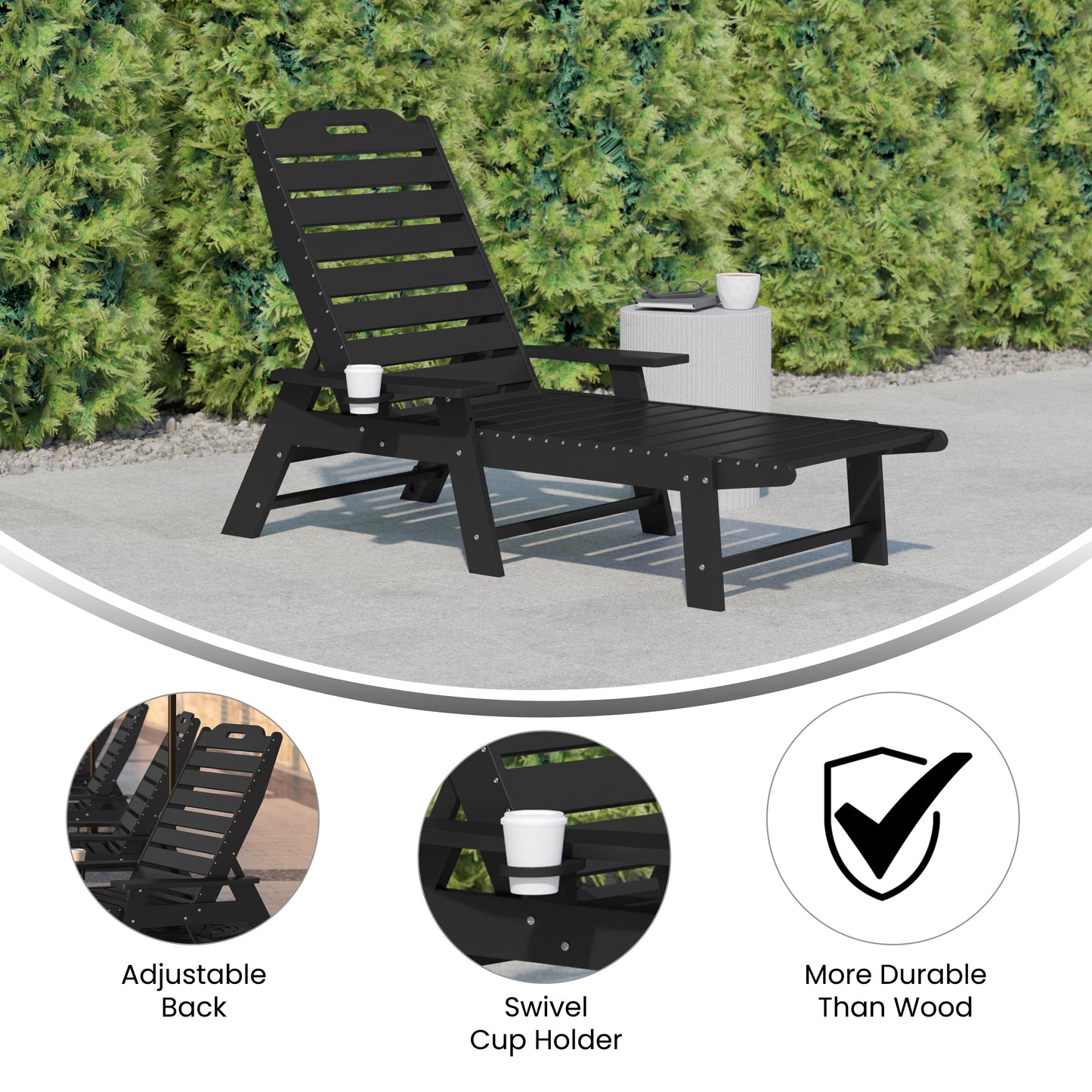 Monterey Adjustable Adirondack Lounger with Cup Holder- All-Weather Indoor/Outdoor HDPE Lounge Chair in Black Black