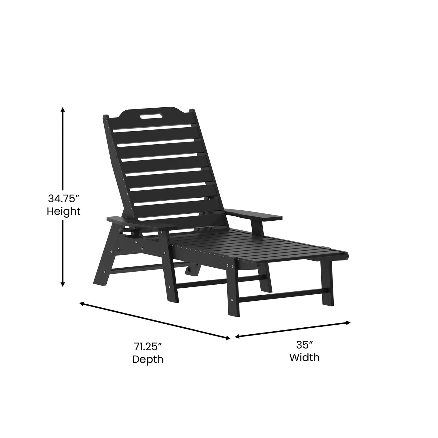Monterey Adjustable Adirondack Lounger with Cup Holder- All-Weather Indoor/Outdoor HDPE Lounge Chair in Black Black