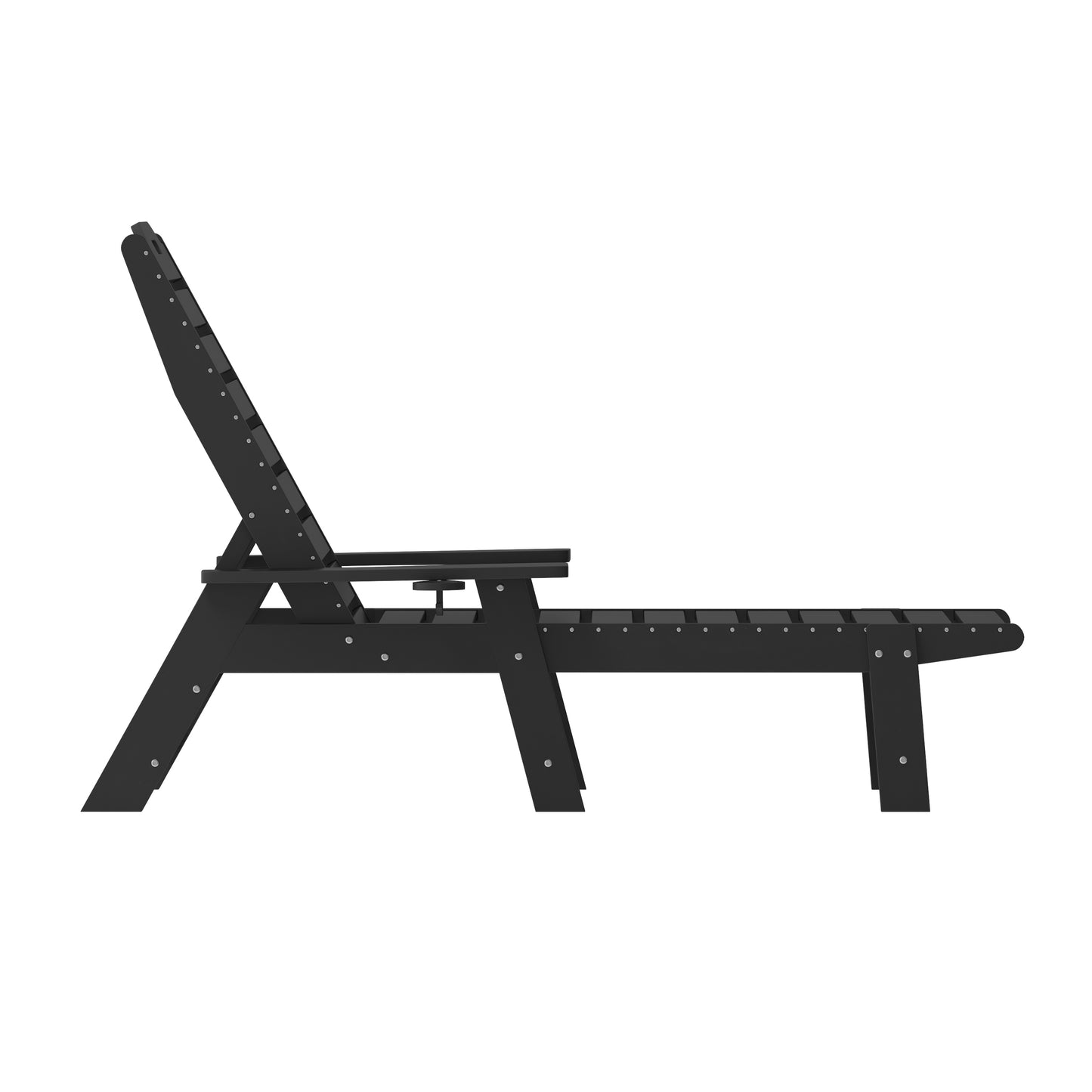 Monterey Adjustable Adirondack Lounger with Cup Holder- All-Weather Indoor/Outdoor HDPE Lounge Chair in Black Black
