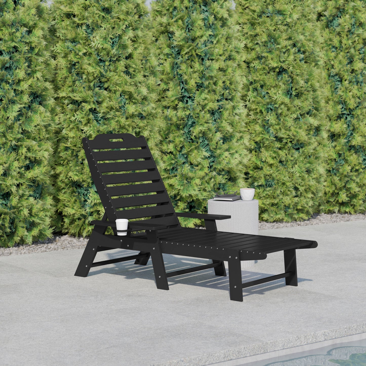 Monterey Adjustable Adirondack Lounger with Cup Holder- All-Weather Indoor/Outdoor HDPE Lounge Chair in Black Black