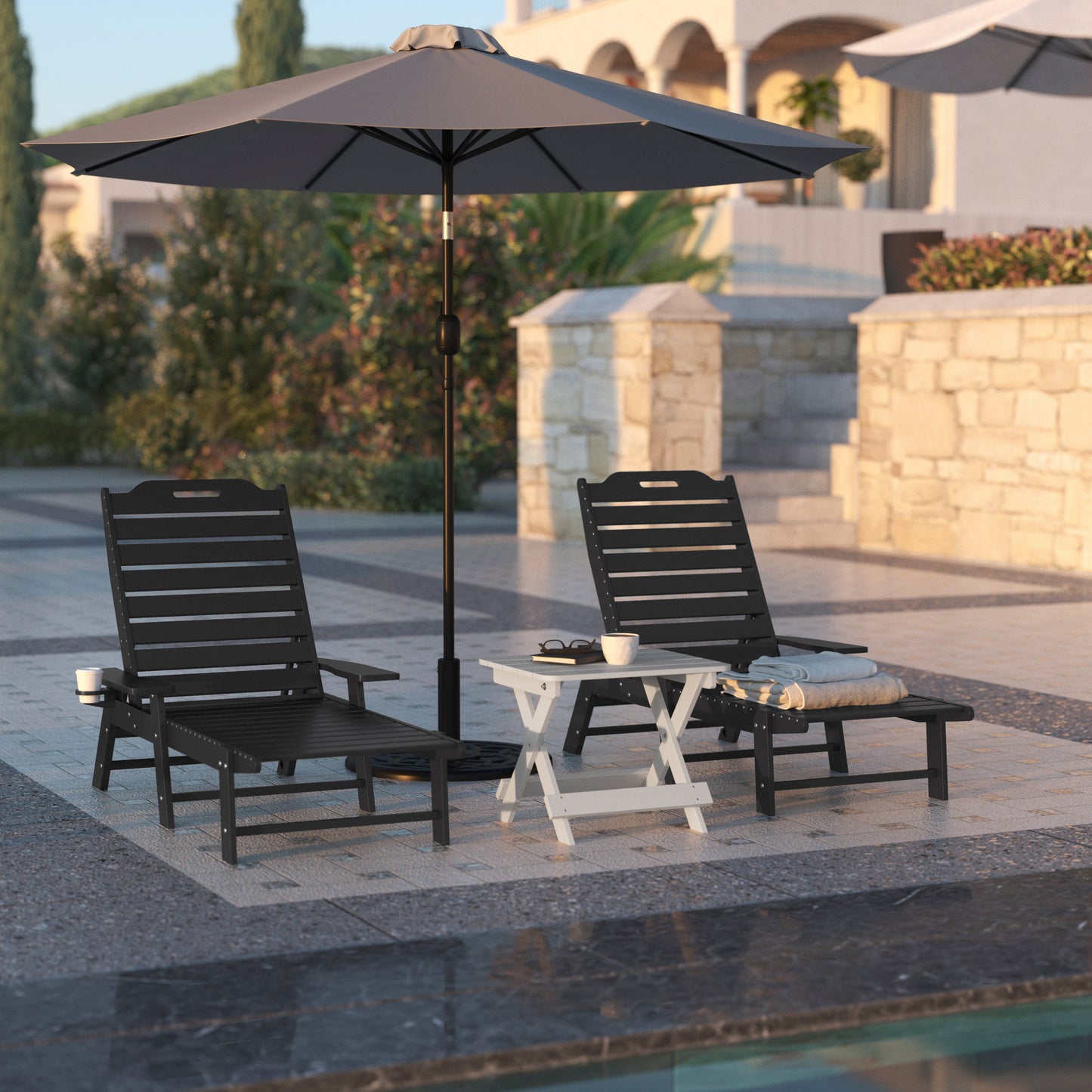 Monterey Adjustable Adirondack Lounger with Cup Holder- All-Weather Indoor/Outdoor HDPE Lounge Chair in Black Black