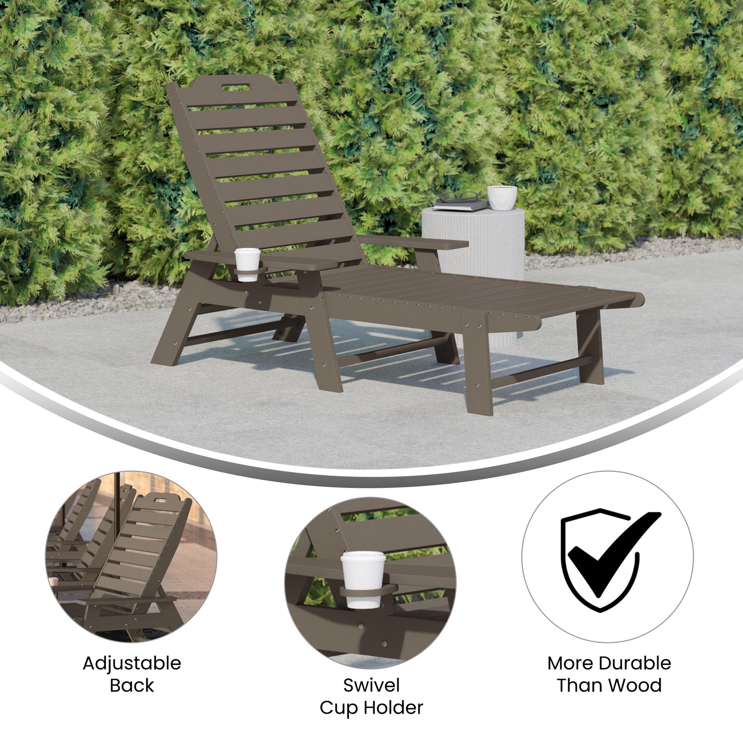 Monterey Adjustable Adirondack Lounger with Cup Holder- All-Weather Indoor/Outdoor HDPE Lounge Chair in Brown Brown