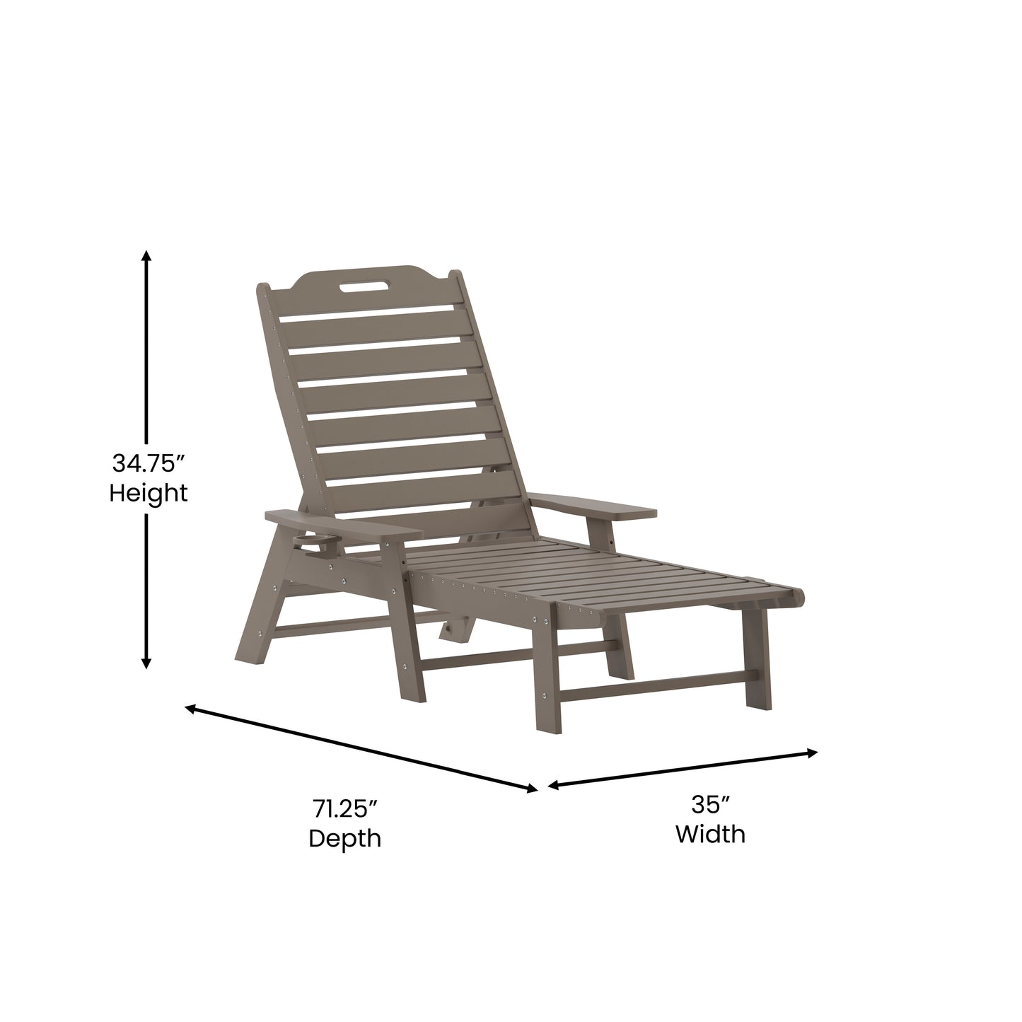Monterey Adjustable Adirondack Lounger with Cup Holder- All-Weather Indoor/Outdoor HDPE Lounge Chair in Brown Brown