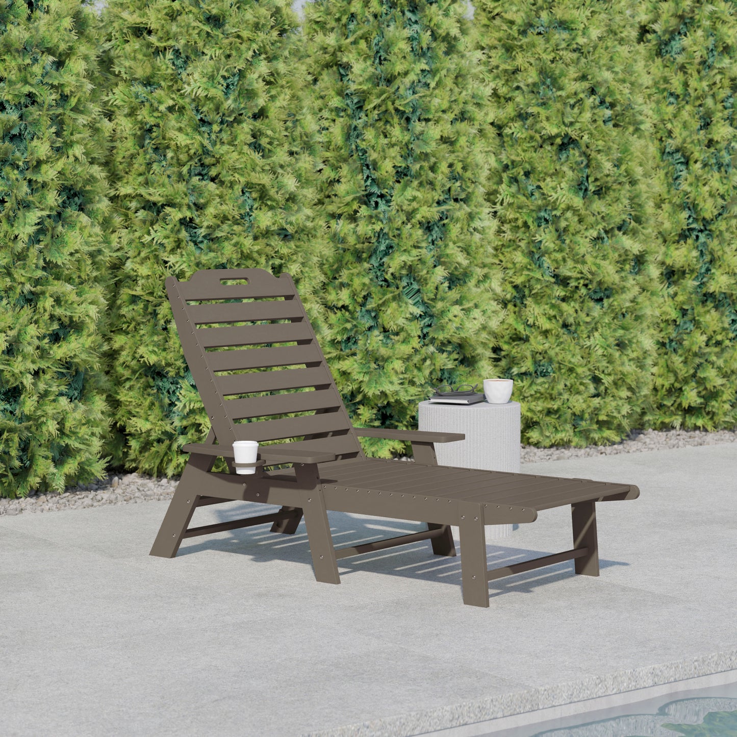 Monterey Adjustable Adirondack Lounger with Cup Holder- All-Weather Indoor/Outdoor HDPE Lounge Chair in Brown Brown