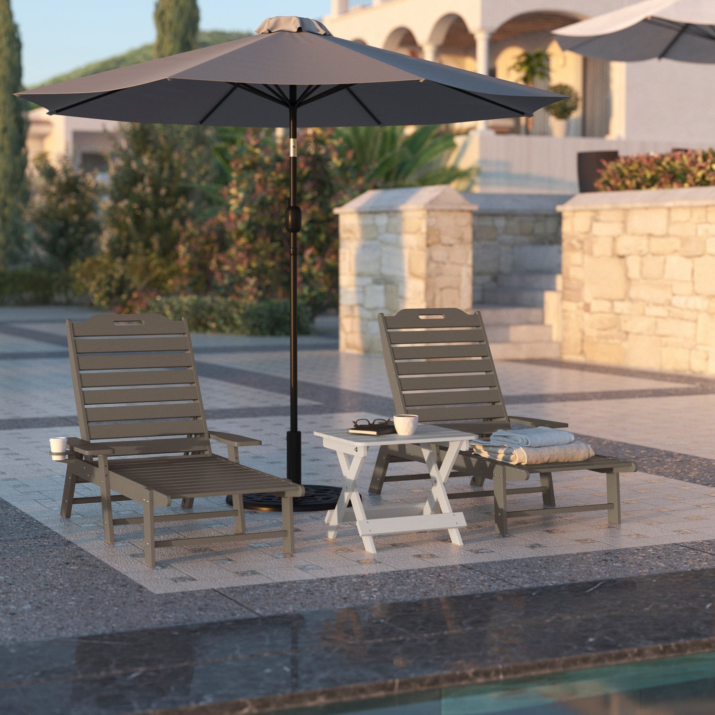 Monterey Adjustable Adirondack Lounger with Cup Holder- All-Weather Indoor/Outdoor HDPE Lounge Chair in Brown Brown