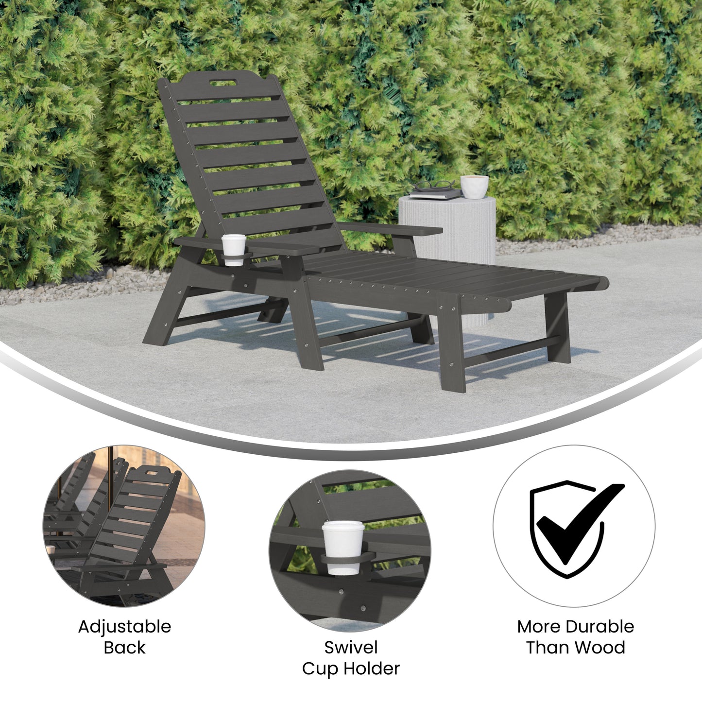 Monterey Adjustable Adirondack Lounger with Cup Holder- All-Weather Indoor/Outdoor HDPE Lounge Chair in Gray Gray