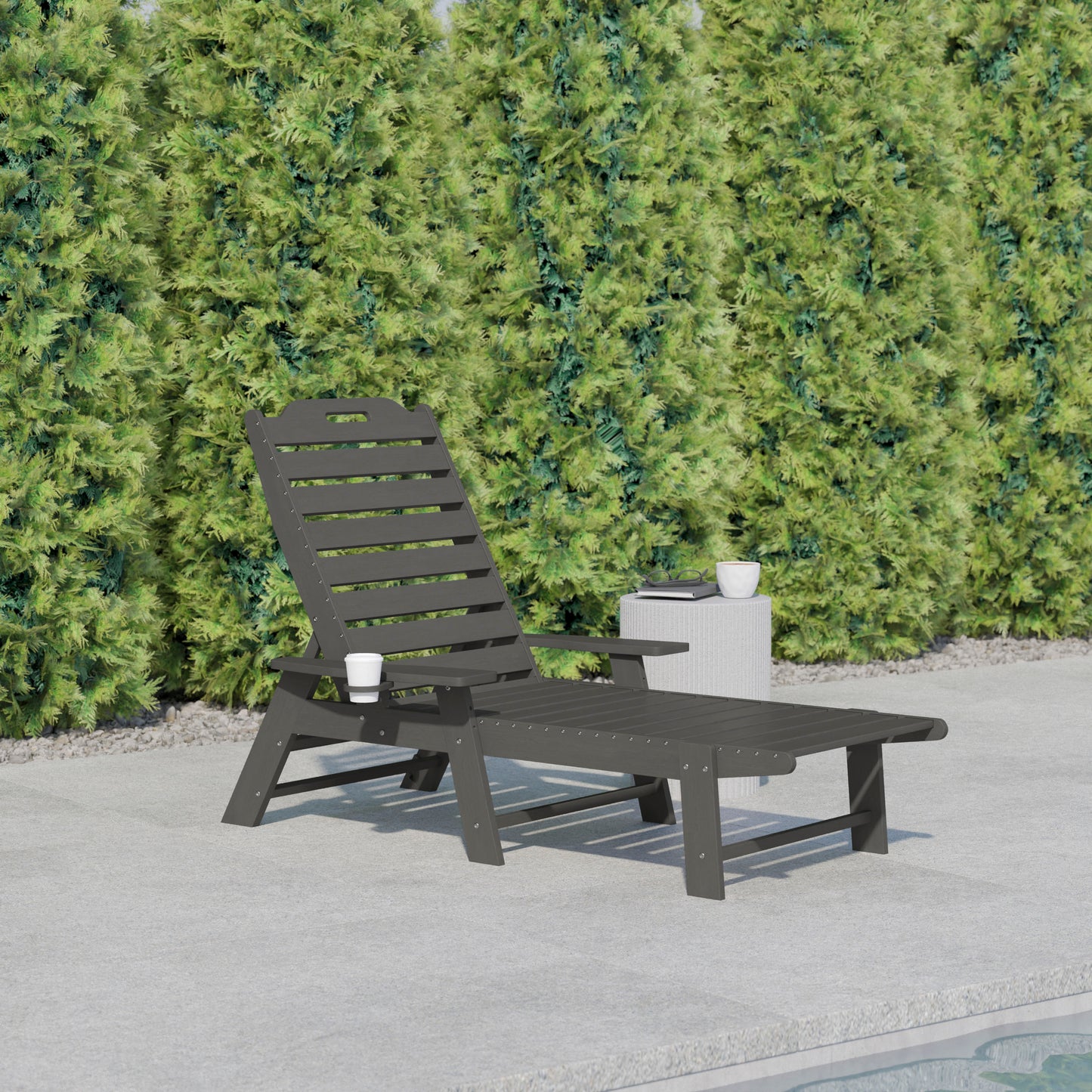 Monterey Adjustable Adirondack Lounger with Cup Holder- All-Weather Indoor/Outdoor HDPE Lounge Chair in Gray Gray