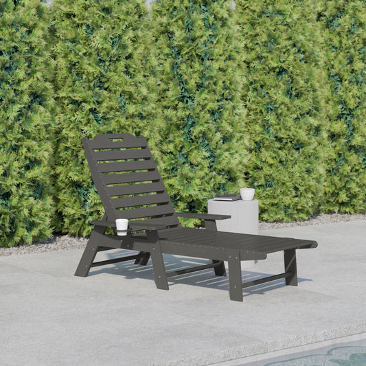 Monterey Adjustable Adirondack Lounger with Cup Holder- All-Weather Indoor/Outdoor HDPE Lounge Chair in Gray Gray