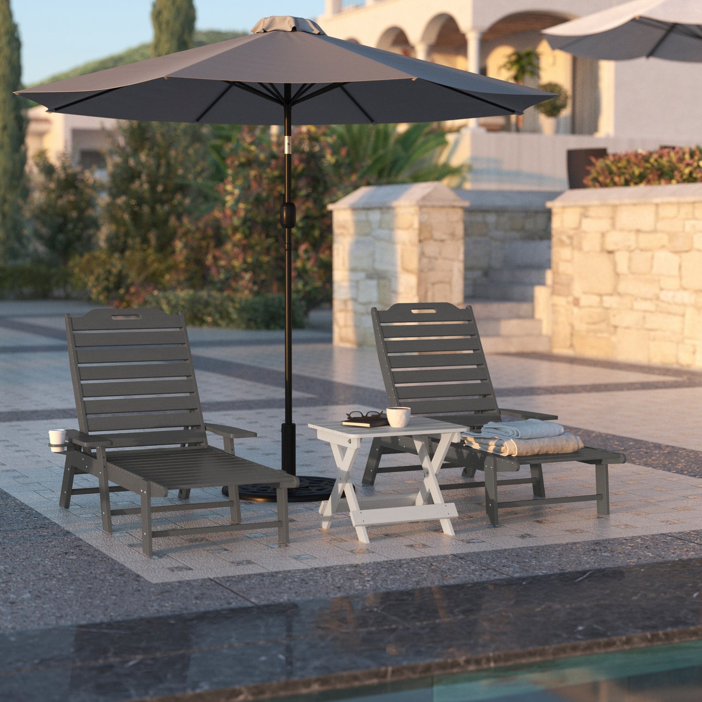 Monterey Adjustable Adirondack Lounger with Cup Holder- All-Weather Indoor/Outdoor HDPE Lounge Chair in Gray Gray
