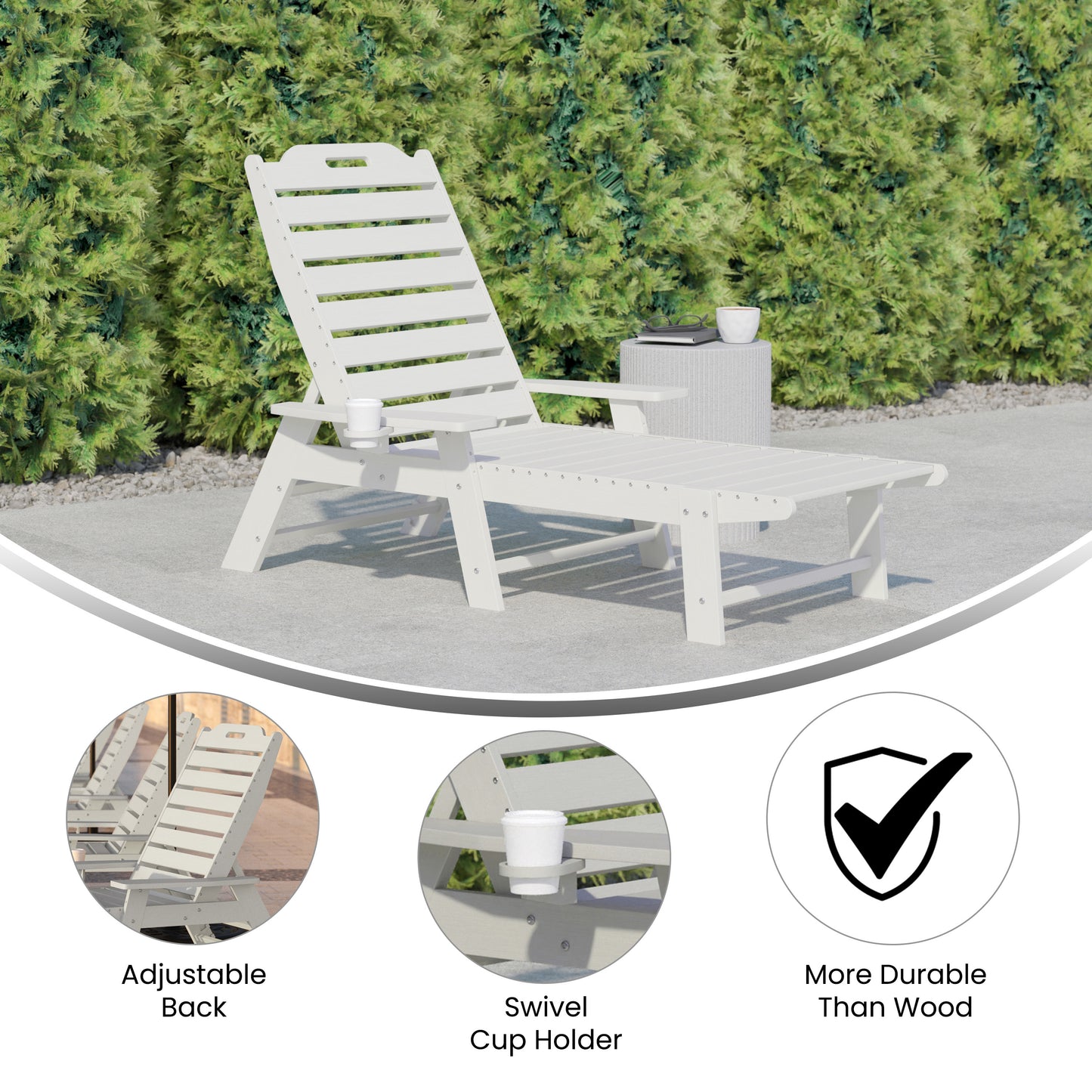 Monterey Adjustable Adirondack Lounger with Cup Holder- All-Weather Indoor/Outdoor HDPE Lounge Chair in White White