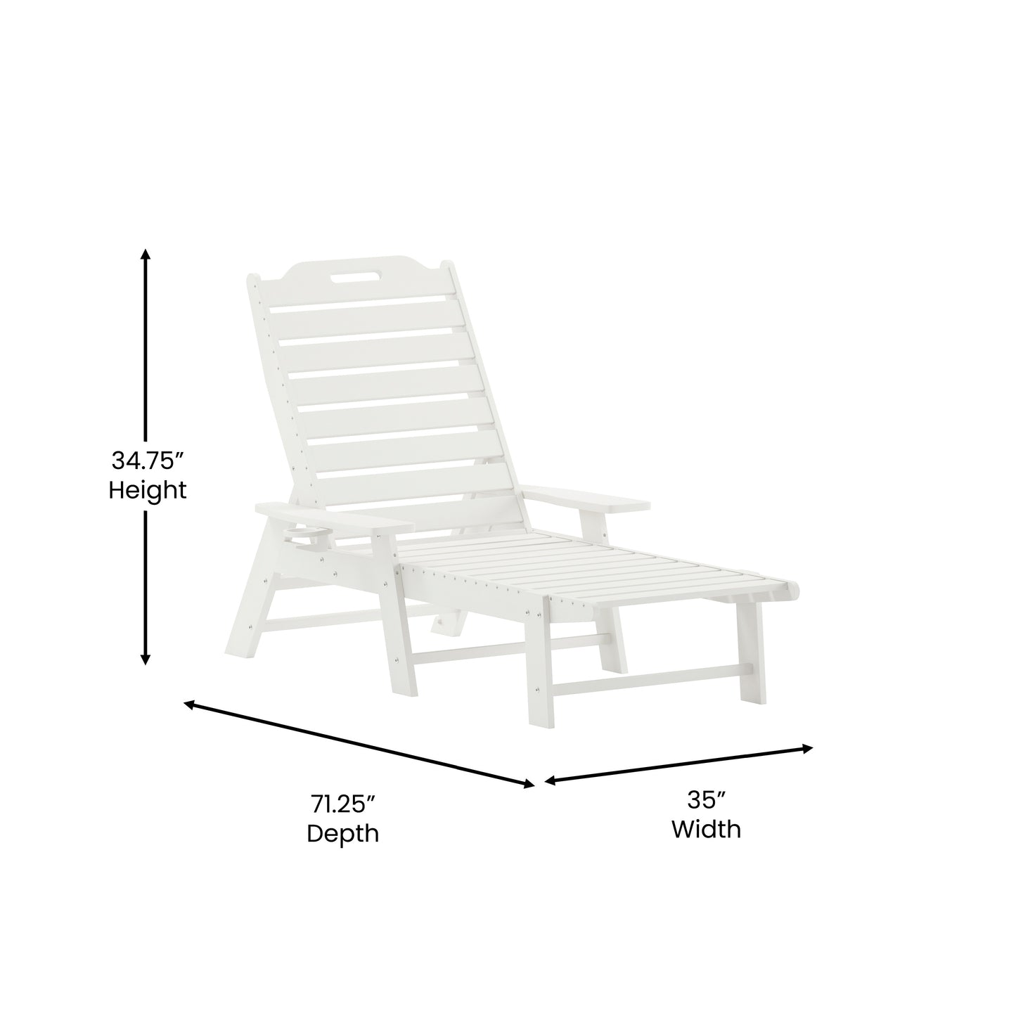 Monterey Adjustable Adirondack Lounger with Cup Holder- All-Weather Indoor/Outdoor HDPE Lounge Chair in White White