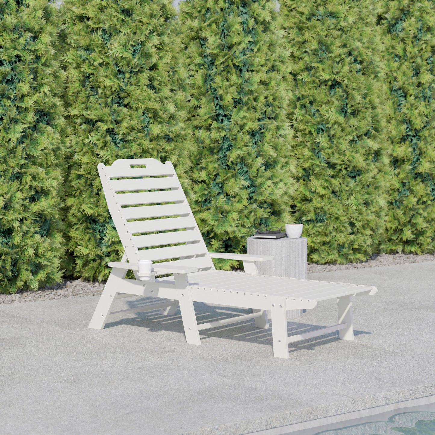 Monterey Adjustable Adirondack Lounger with Cup Holder- All-Weather Indoor/Outdoor HDPE Lounge Chair in White White