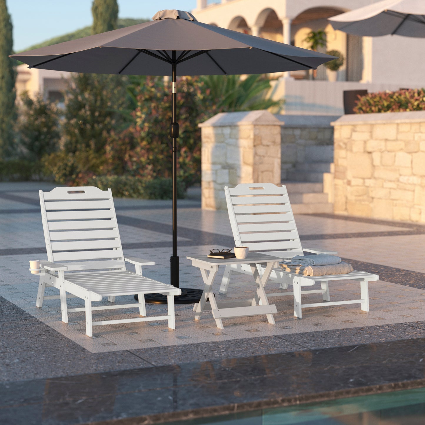 Monterey Adjustable Adirondack Lounger with Cup Holder- All-Weather Indoor/Outdoor HDPE Lounge Chair in White White