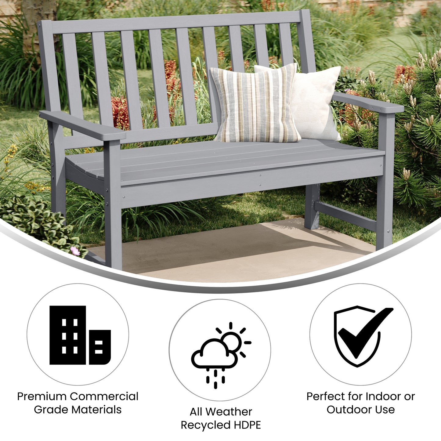 Ellsworth Commercial Grade 50" All Weather Indoor/Outdoor Recycled HDPE Bench with Contoured Seat in Gray Gray