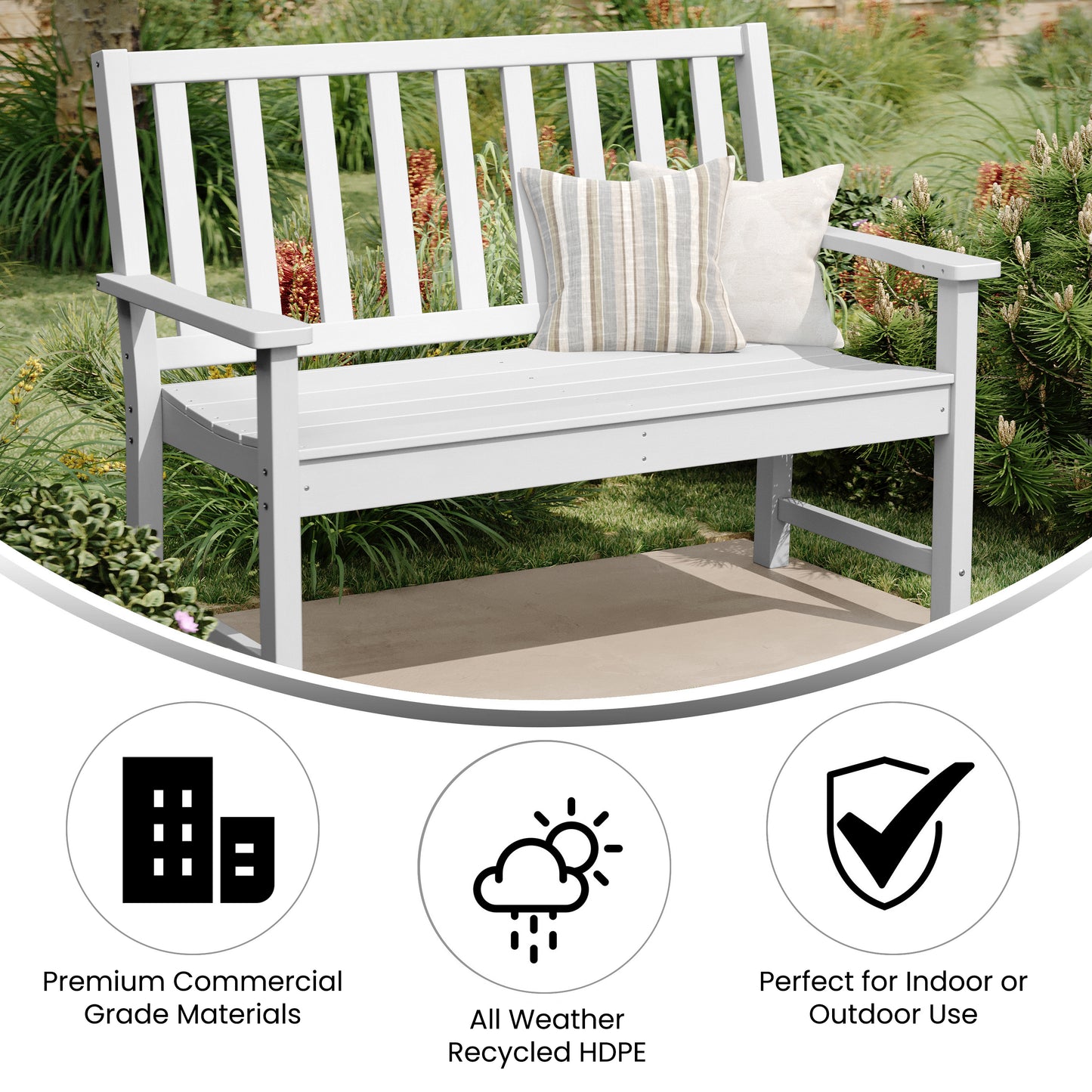 Ellsworth Commercial Grade 50" All Weather Indoor/Outdoor Recycled HDPE Bench with Contoured Seat in White White
