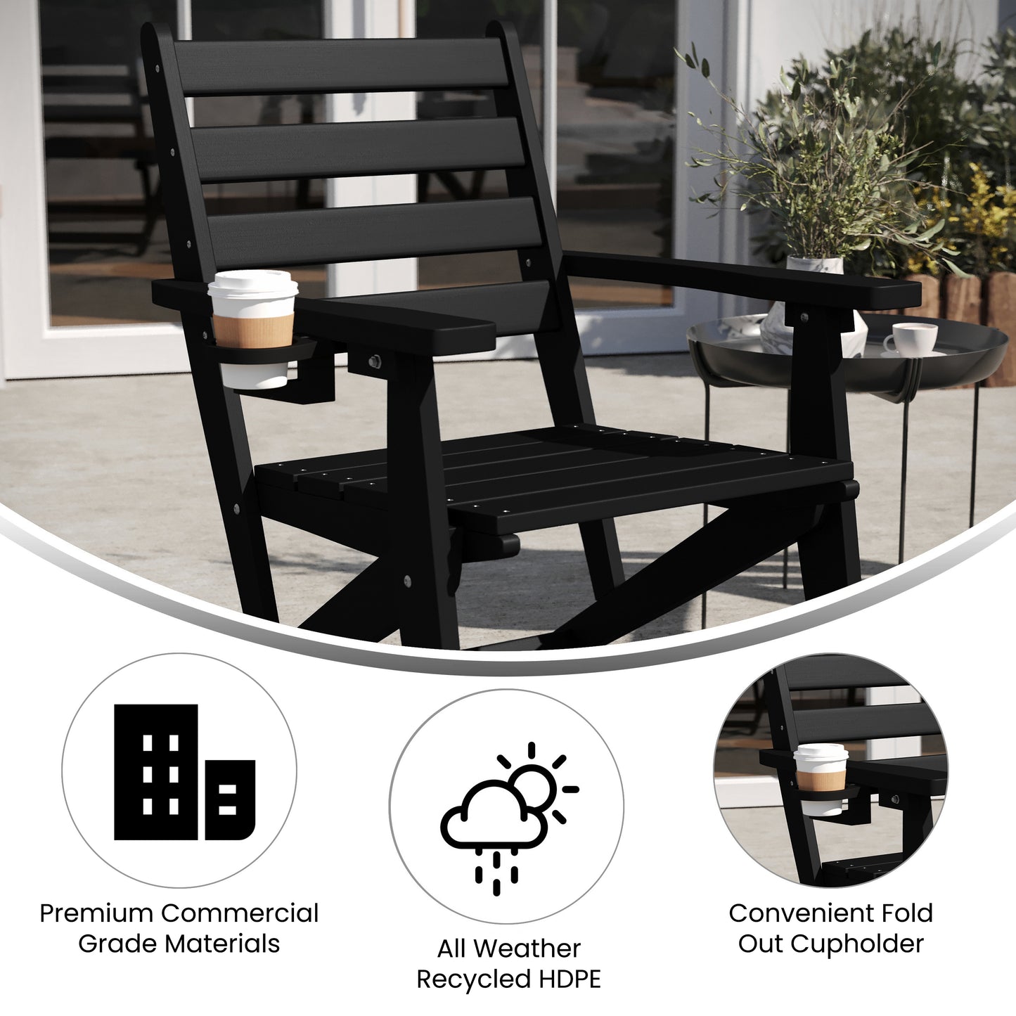 Tolleson Commercial Grade Adirondack Dining Chair with Fold Out Cup Holder, Weather Resistant Recycled HDPE Adirondack Chair in Black Black