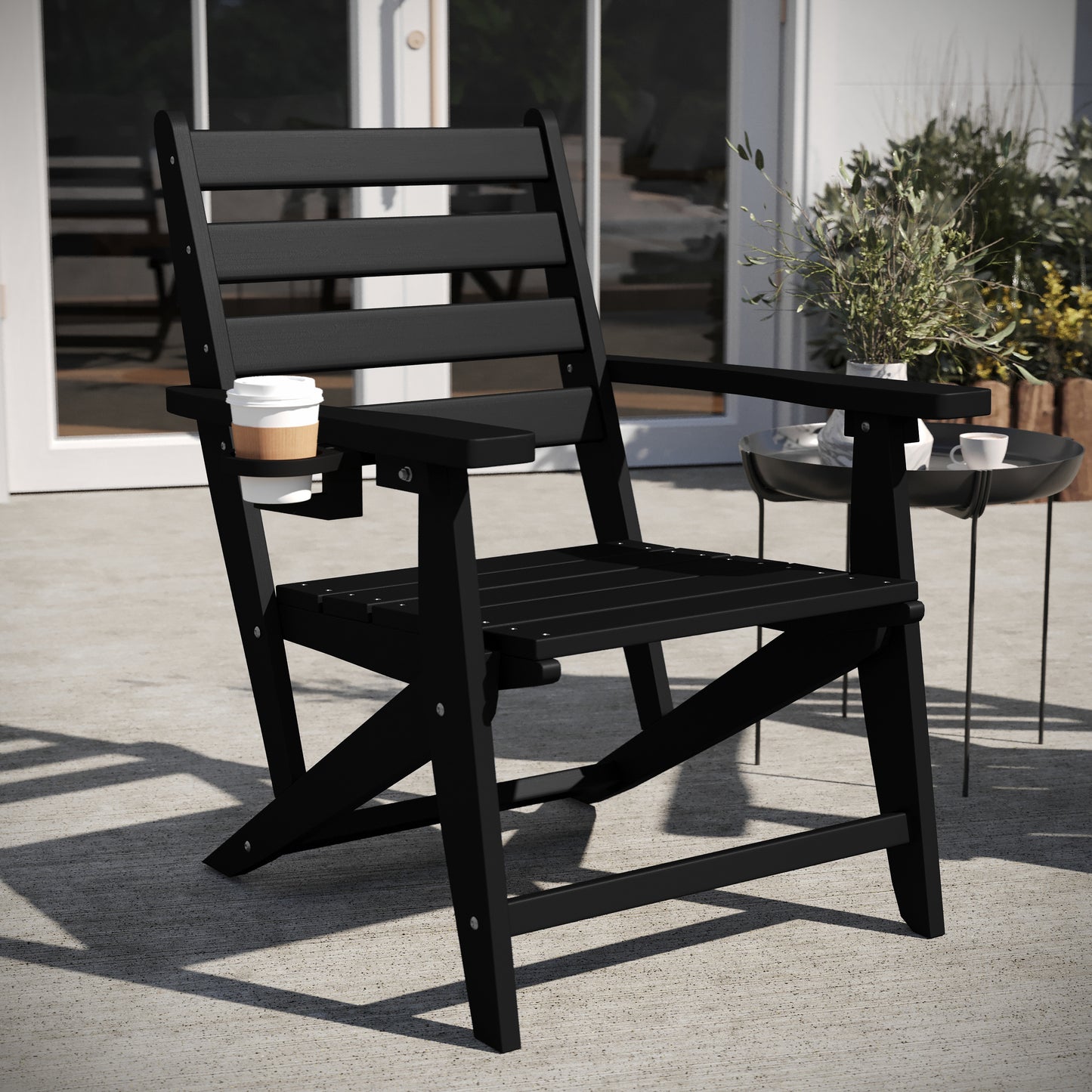 Tolleson Commercial Grade Adirondack Dining Chair with Fold Out Cup Holder, Weather Resistant Recycled HDPE Adirondack Chair in Black Black