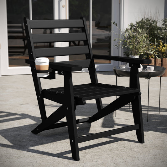 Tolleson Commercial Grade Adirondack Dining Chair with Fold Out Cup Holder, Weather Resistant Recycled HDPE Adirondack Chair in Black Black