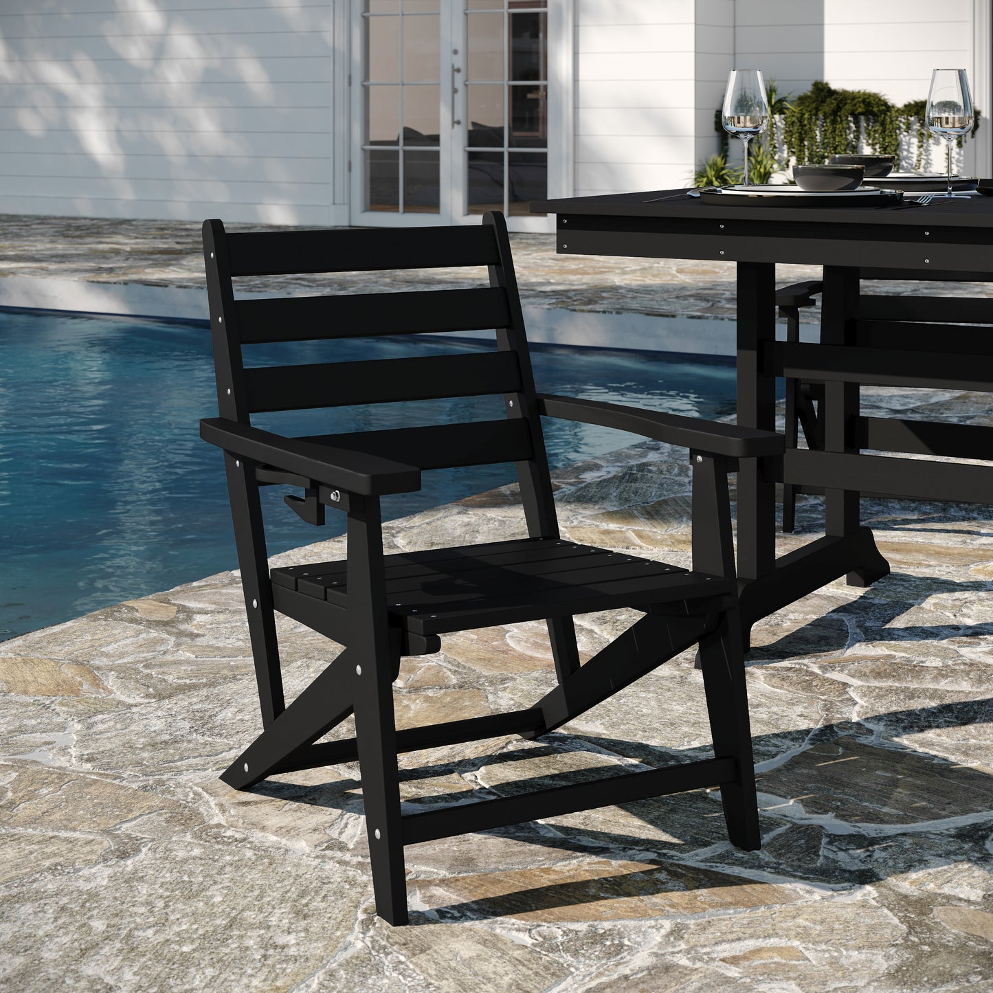 Tolleson Commercial Grade Adirondack Dining Chair with Fold Out Cup Holder, Weather Resistant Recycled HDPE Adirondack Chair in Black Black