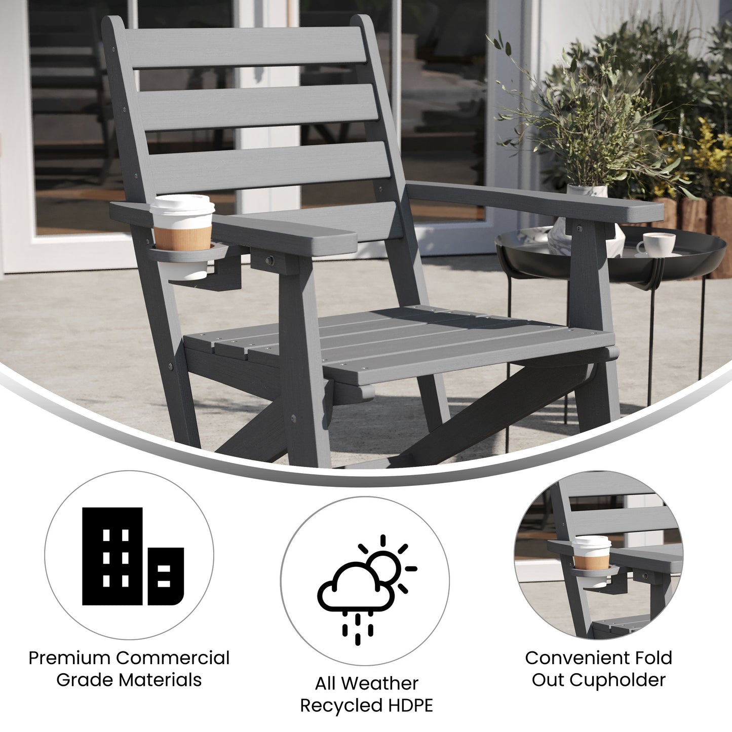 Tolleson Commercial Grade Adirondack Dining Chair with Fold Out Cup Holder, Weather Resistant Recycled HDPE Adirondack Chair in Gray Gray