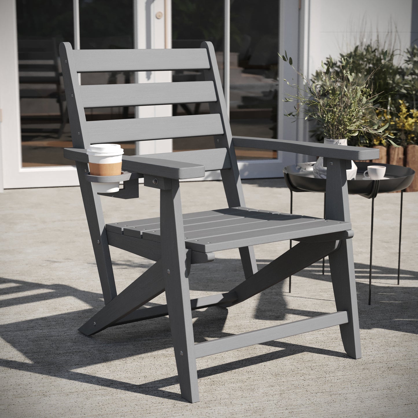 Tolleson Commercial Grade Adirondack Dining Chair with Fold Out Cup Holder, Weather Resistant Recycled HDPE Adirondack Chair in Gray Gray