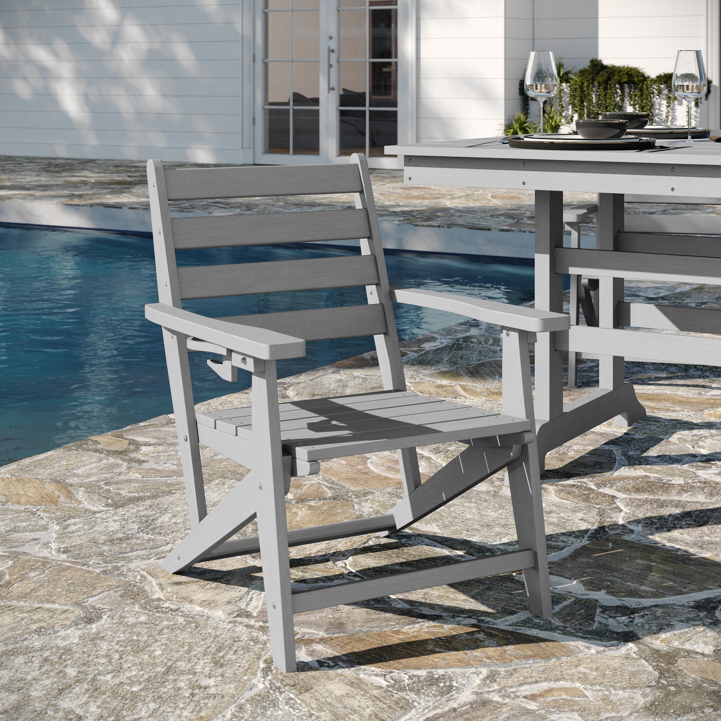 Tolleson Commercial Grade Adirondack Dining Chair with Fold Out Cup Holder, Weather Resistant Recycled HDPE Adirondack Chair in Gray Gray