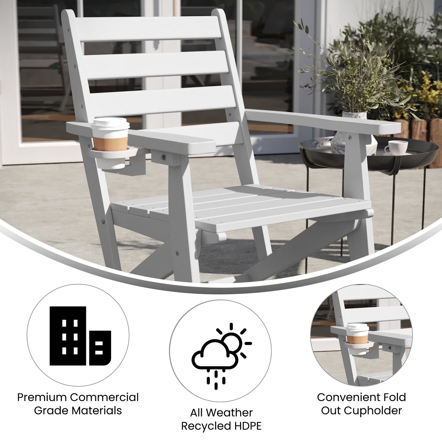 Tolleson Commercial Grade Adirondack Dining Chair with Fold Out Cup Holder, Weather Resistant Recycled HDPE Adirondack Chair in White White