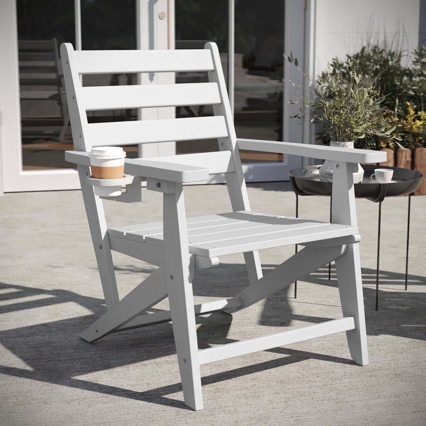 Tolleson Commercial Grade Adirondack Dining Chair with Fold Out Cup Holder, Weather Resistant Recycled HDPE Adirondack Chair in White White