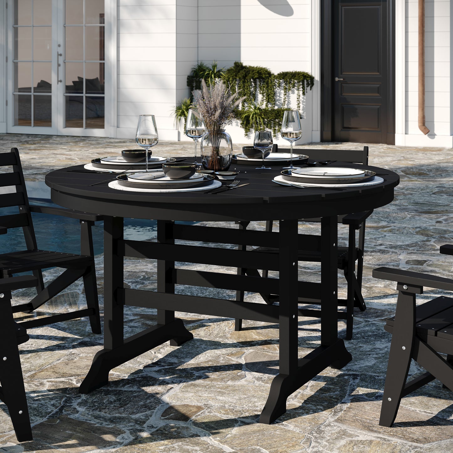 Colonel Commercial Grade Indoor/Outdoor 48" Round Recycled HDPE Adirondack Dining Table for 4 in Black Black