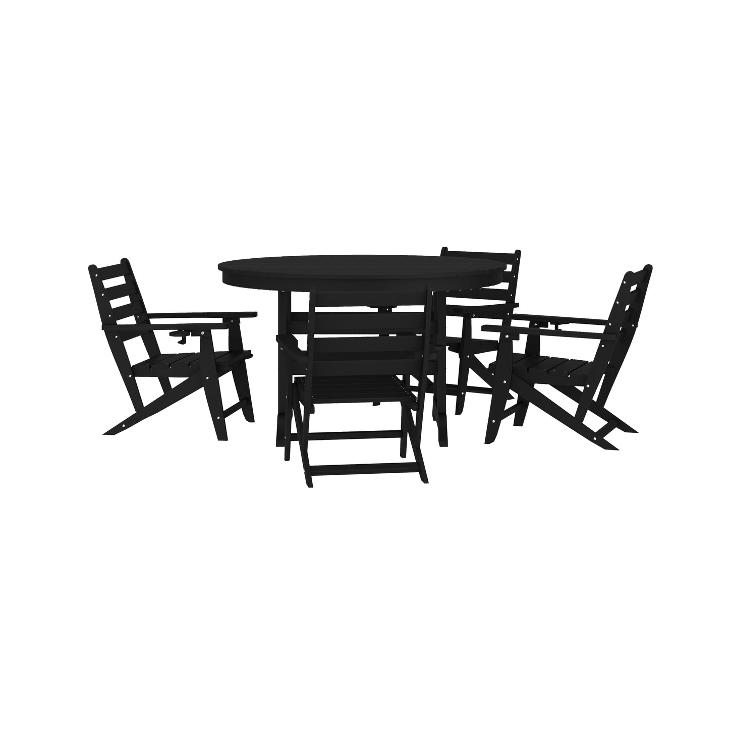Tolleson Commercial 5 Piece Adirondack Dining Set with 48" Round Indoor/Outdoor Recycled HDPE Table and 4 Chairs with Cupholders in Black Black
