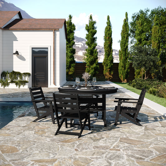 Tolleson Commercial 5 Piece Adirondack Dining Set with 48" Round Indoor/Outdoor Recycled HDPE Table and 4 Chairs with Cupholders in Black Black LE-HMP-248-2037-BLK-GG