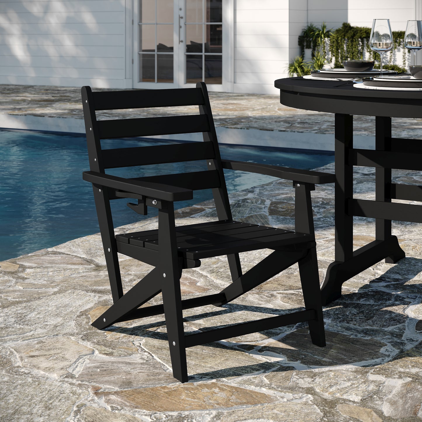 Tolleson Commercial 5 Piece Adirondack Dining Set with 48" Round Indoor/Outdoor Recycled HDPE Table and 4 Chairs with Cupholders in Black Black