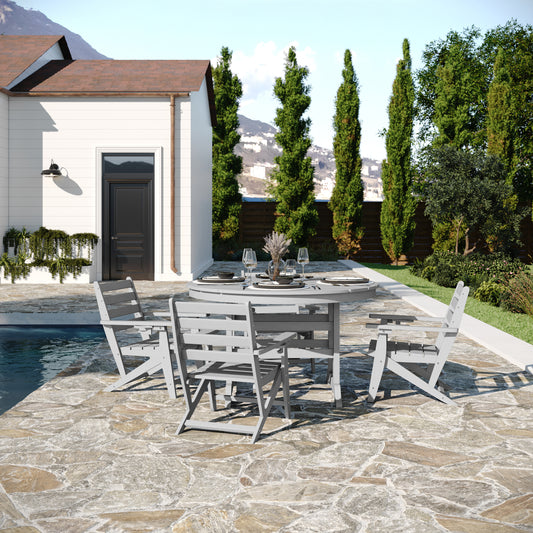 Tolleson Commercial 5 Piece Adirondack Dining Set with 48" Round Indoor/Outdoor Recycled HDPE Table and 4 Chairs with Cupholders in Gray Gray LE-HMP-248-2037-GRY-GG