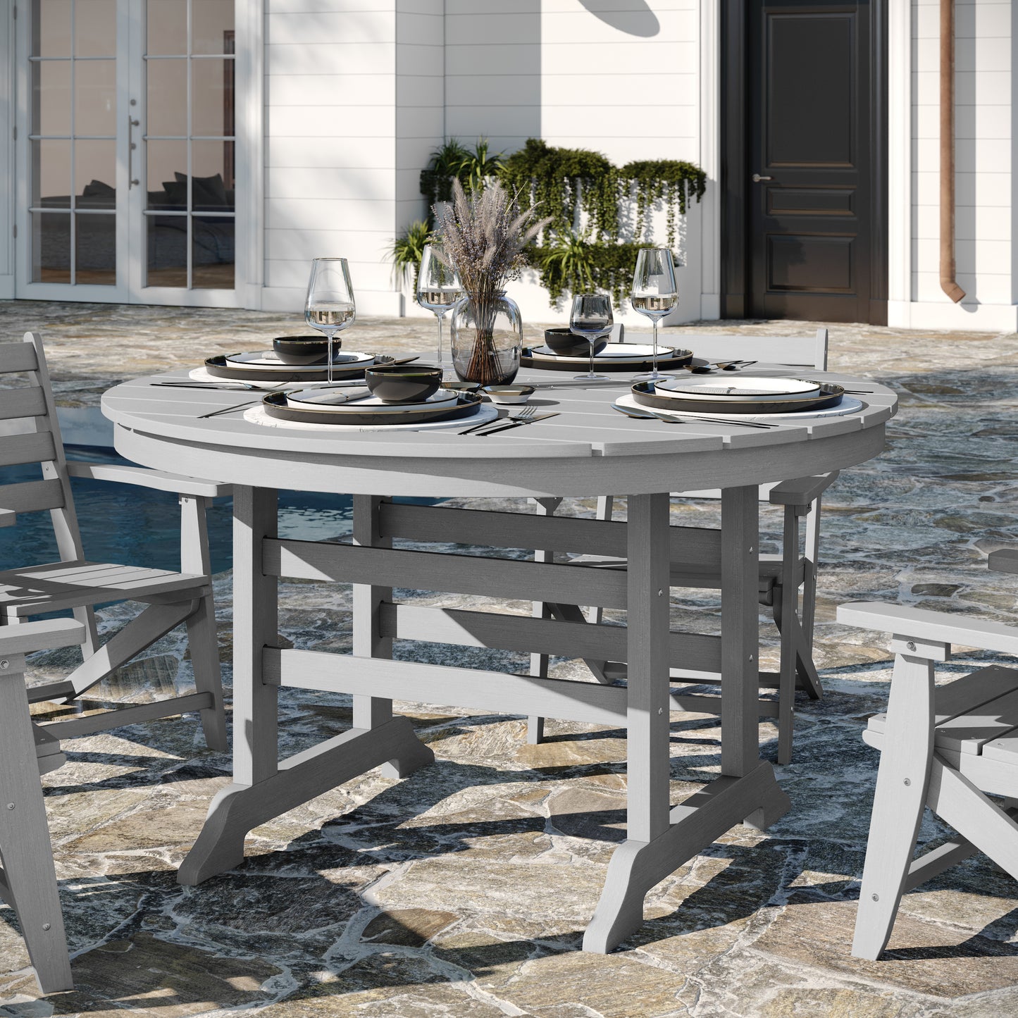 Tolleson Commercial 5 Piece Adirondack Dining Set with 48" Round Indoor/Outdoor Recycled HDPE Table and 4 Chairs with Cupholders in Gray Gray