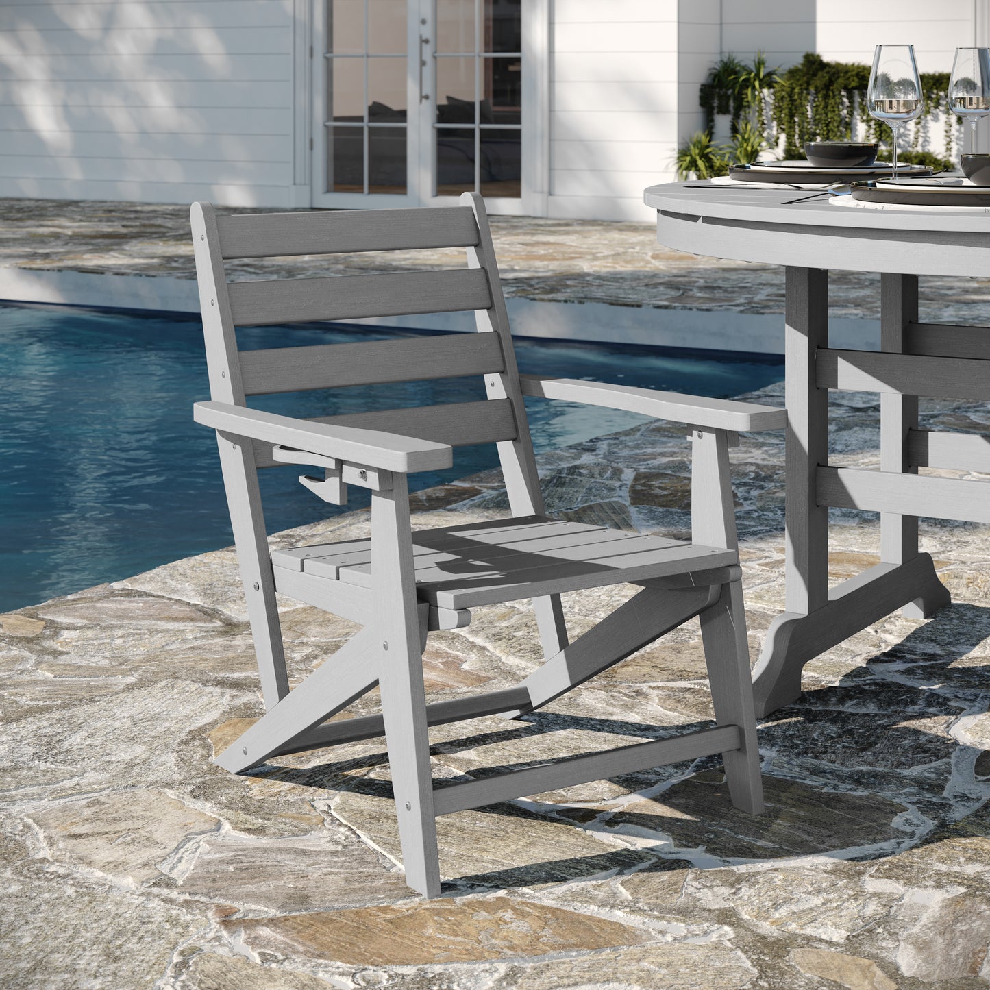 Tolleson Commercial 5 Piece Adirondack Dining Set with 48" Round Indoor/Outdoor Recycled HDPE Table and 4 Chairs with Cupholders in Gray Gray