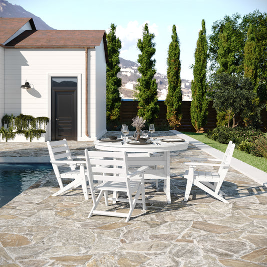 Tolleson Commercial 5 Piece Adirondack Dining Set with 48" Round Indoor/Outdoor Recycled HDPE Table and 4 Chairs with Cupholders in White White LE-HMP-248-2037-WHT-GG