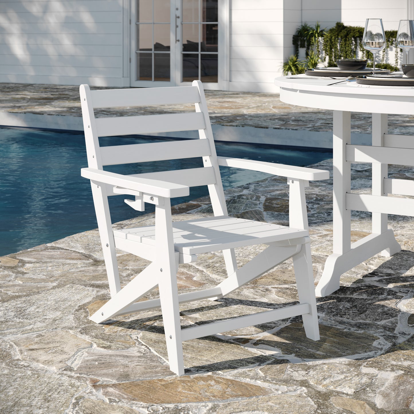 Tolleson Commercial 5 Piece Adirondack Dining Set with 48" Round Indoor/Outdoor Recycled HDPE Table and 4 Chairs with Cupholders in White White