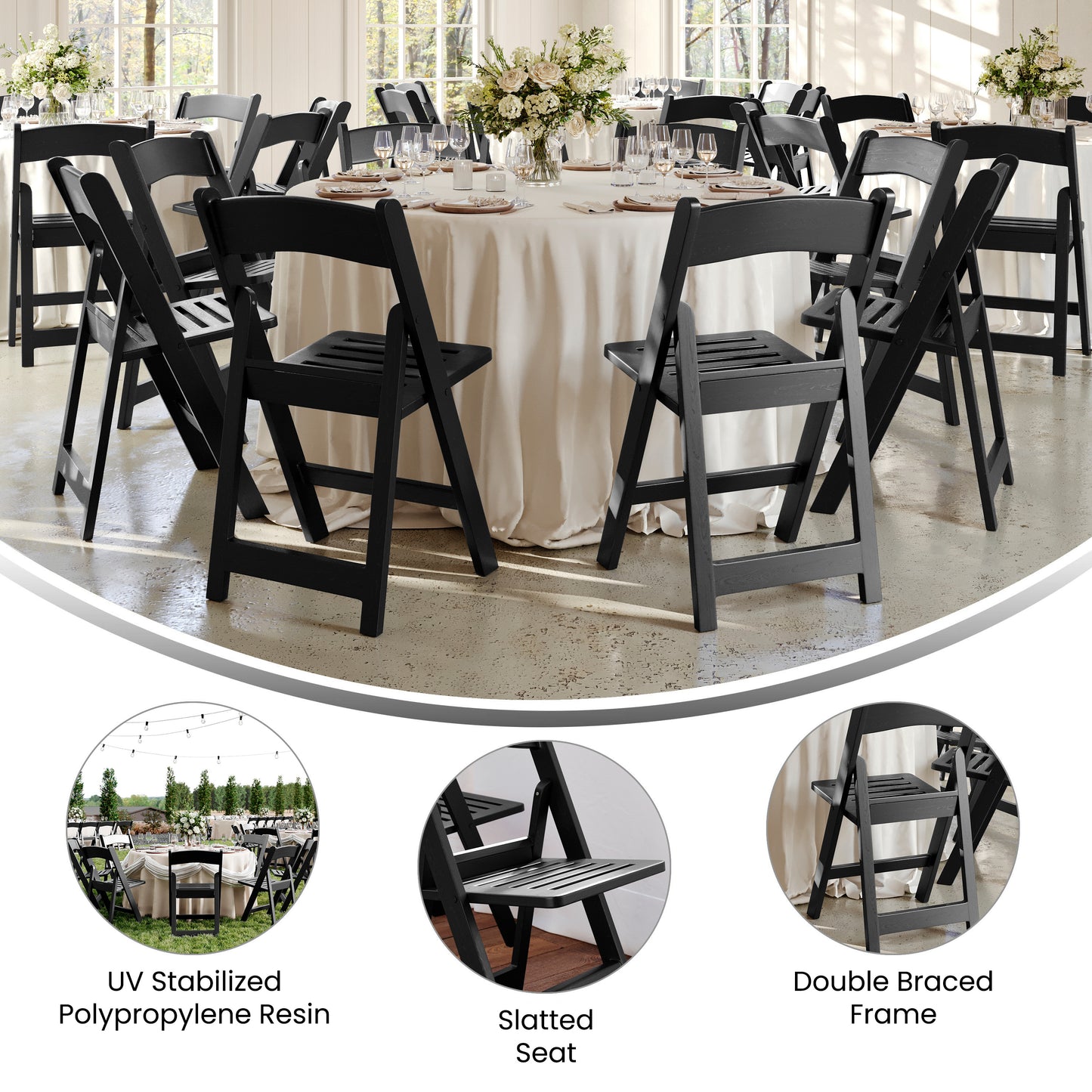 HERCULES Commercial Black Indoor/Outdoor Lightweight Wood Look Resin Folding Event Chair with Slatted Seat Black