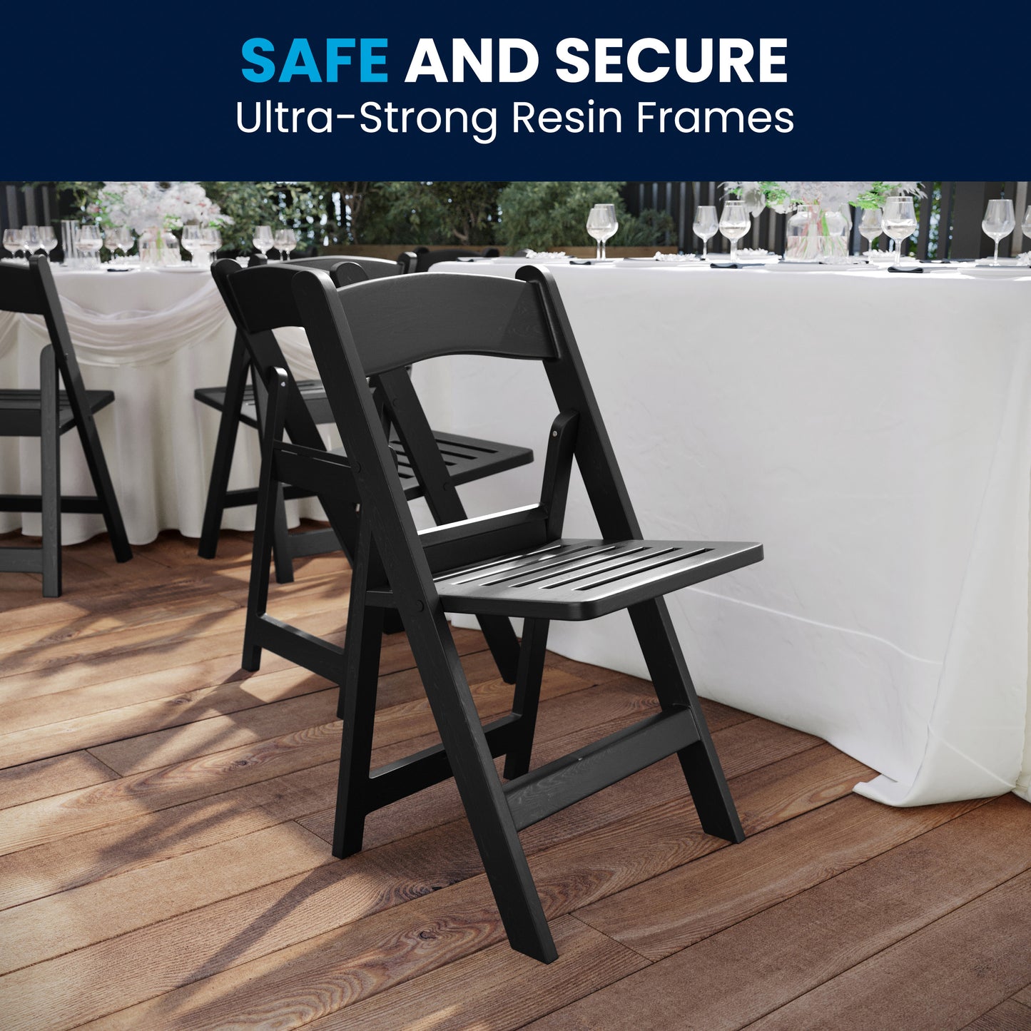 HERCULES Commercial Black Indoor/Outdoor Lightweight Wood Look Resin Folding Event Chair with Slatted Seat Black