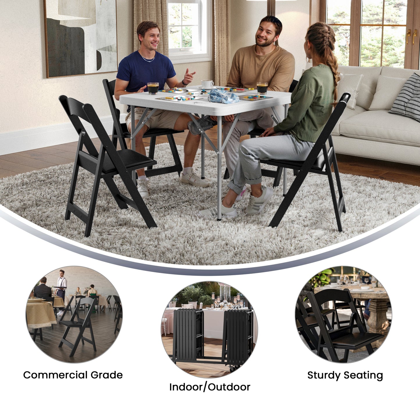 Hercules Folding Chair - Black Resin - 2 Pack 800LB Weight Capacity Comfortable Event Chair - Light Weight Folding Chair Black