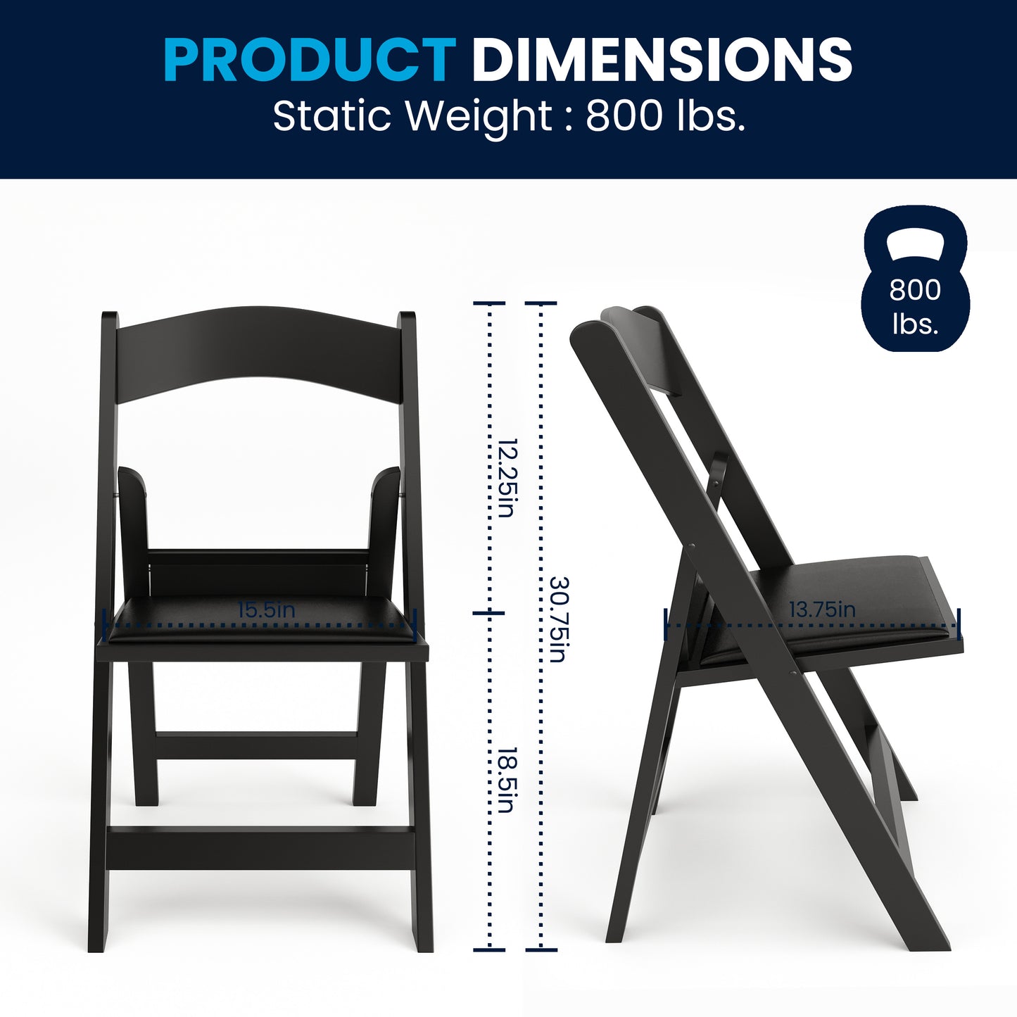 Hercules Folding Chair - Black Resin - 2 Pack 800LB Weight Capacity Comfortable Event Chair - Light Weight Folding Chair Black