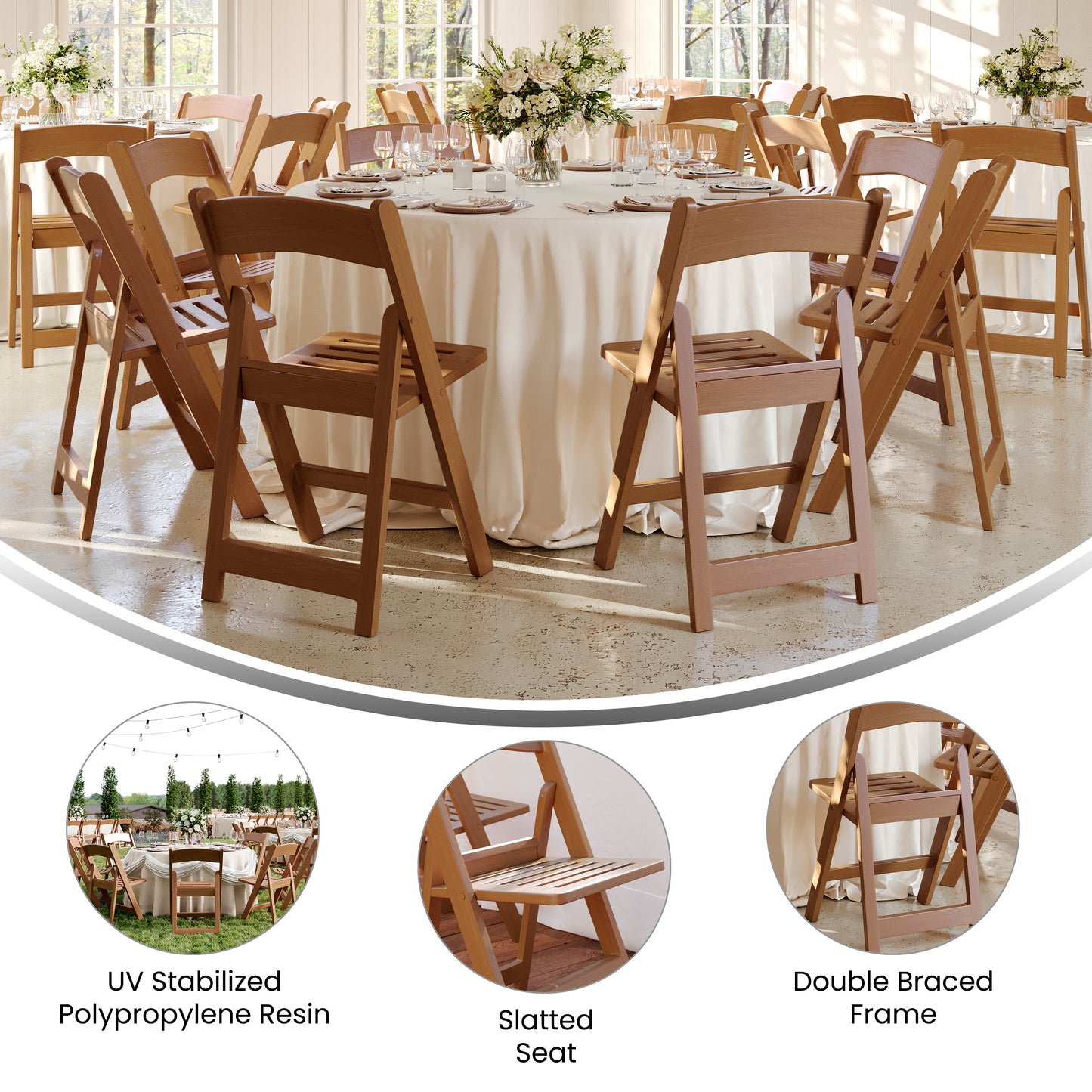 HERCULES Commercial Chestnut Indoor/Outdoor Lightweight Wood Look Resin Folding Event Chair with Slatted Seat Chestnut